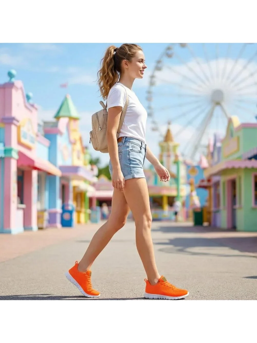 Women's Orange Lightweight Non Slip Comfortable Breathable Pull On Sneakers